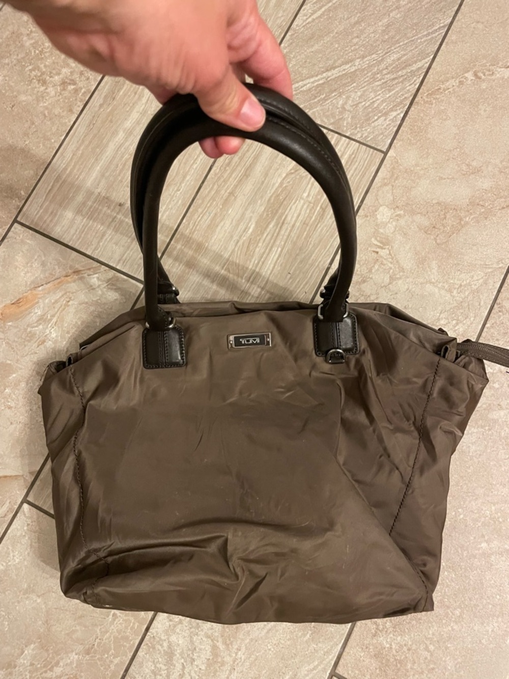 Tumi Taupe Tote with Black Straps